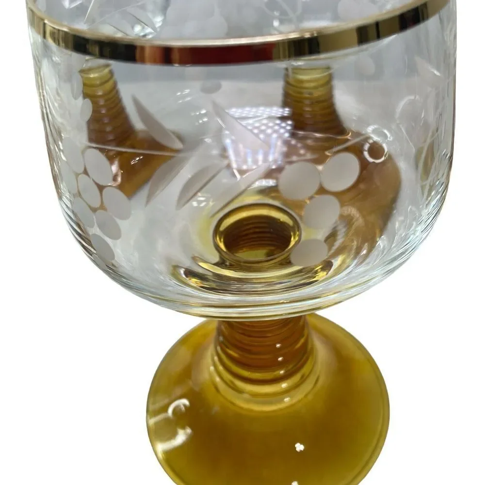 7 Roemer Amber Brown Beehive‎ Etched Grapes Gold Trim Wine Glasses Vintage